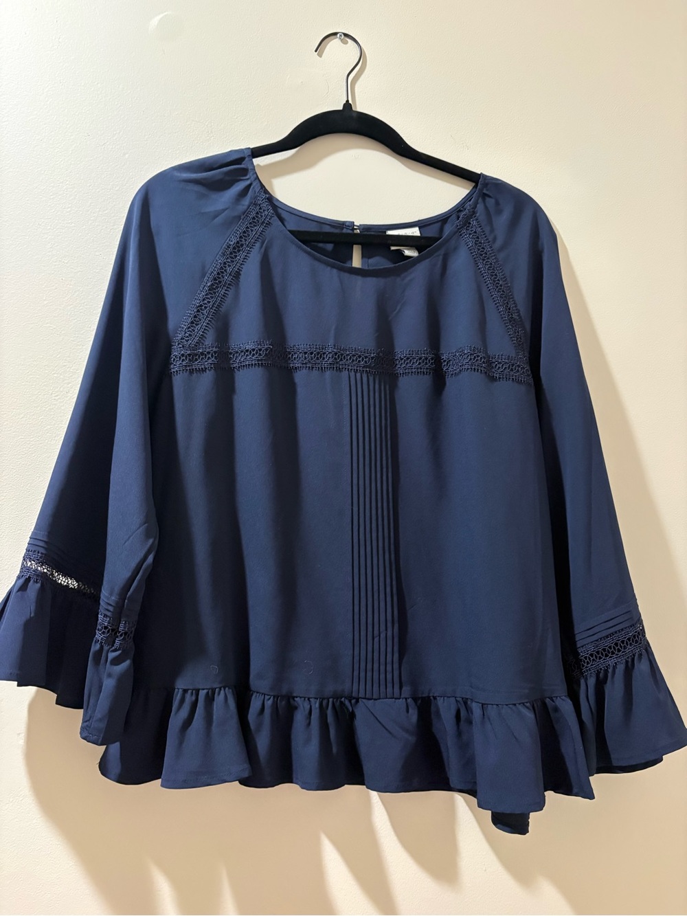 a new day Navy Blue Ruffle Hem Blouse with Lace Trim
